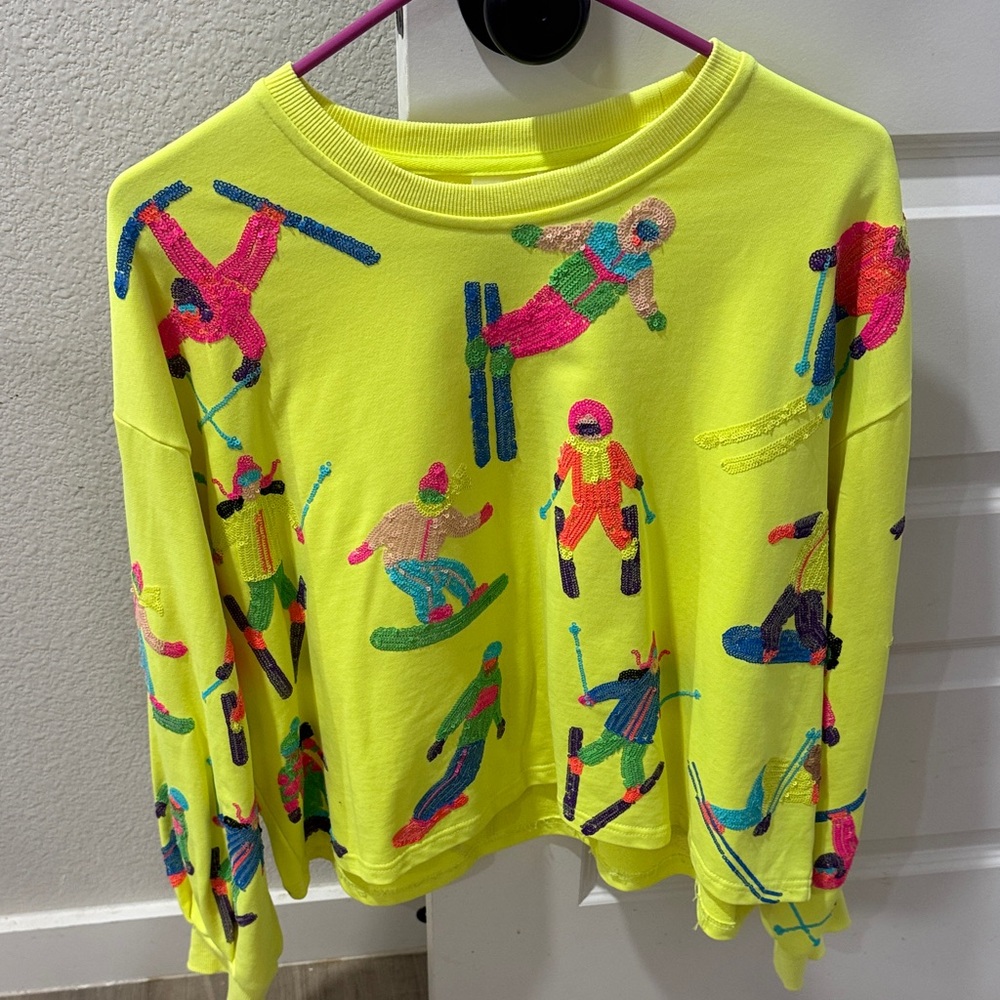 QUEEN OF SPARKLES Neon Yellow Ski & Snowboard Embroidered Sweatshirt